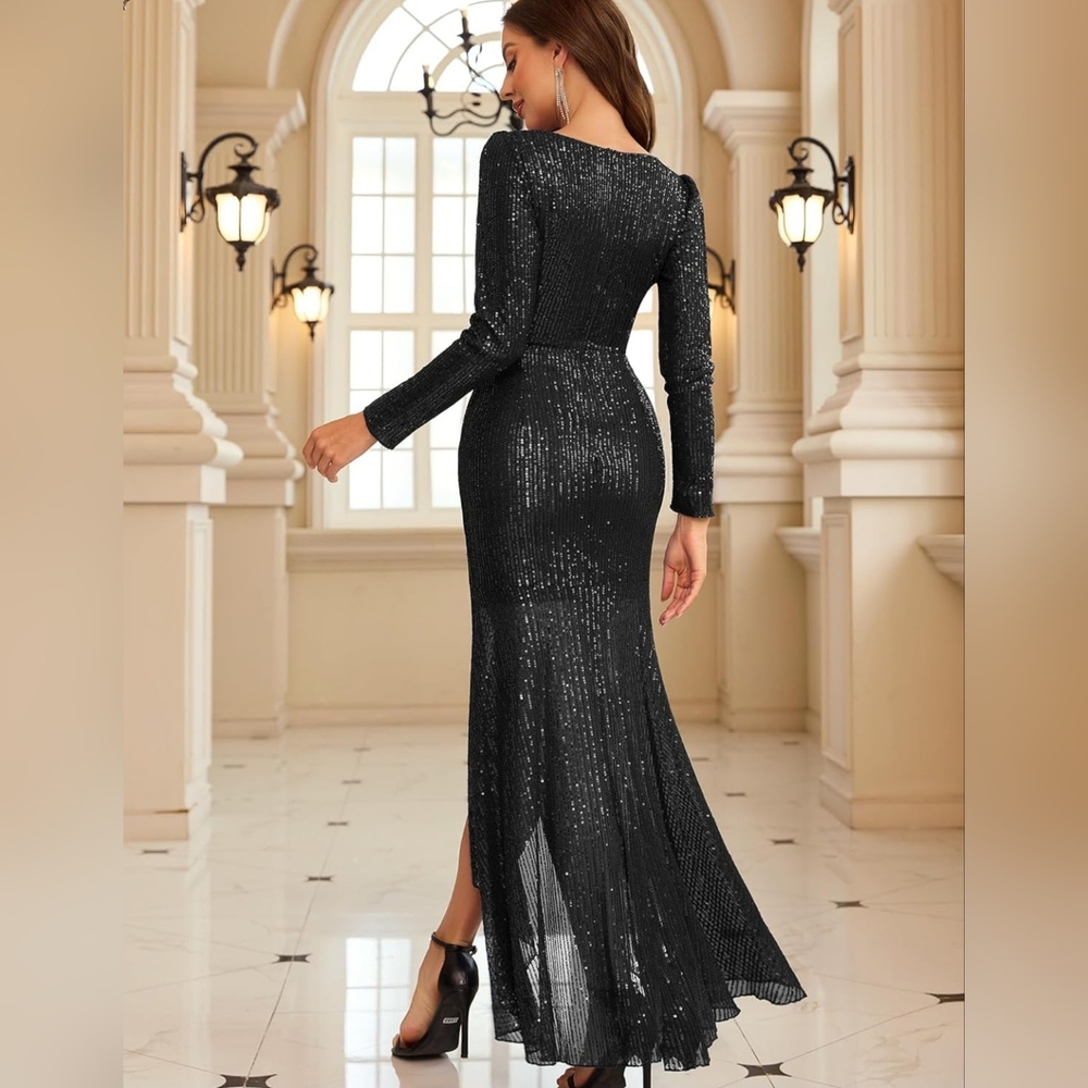 NWT Cooan Black Sequin Long Formal Gown Long Sleeve Size L - Picture 2 of 7